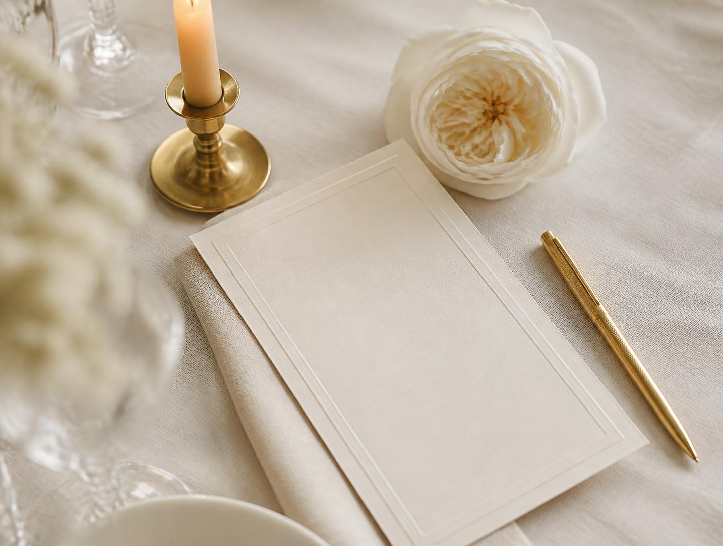 Blank cream menu card, brass candlestick and a white rose on ivory linen