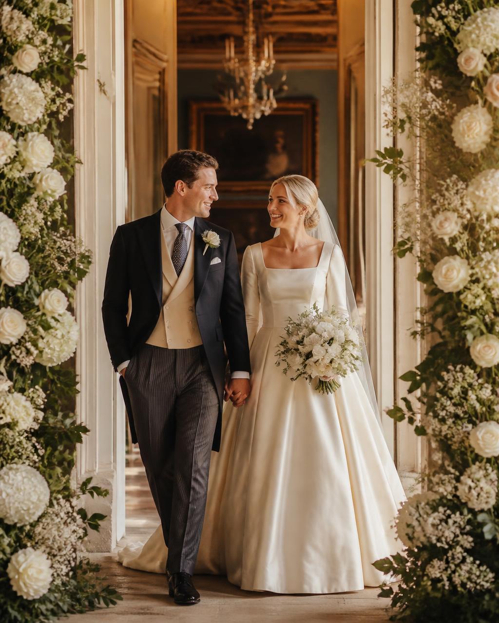 Bride and groom walking hand in hand through a flower-framed country house doorway